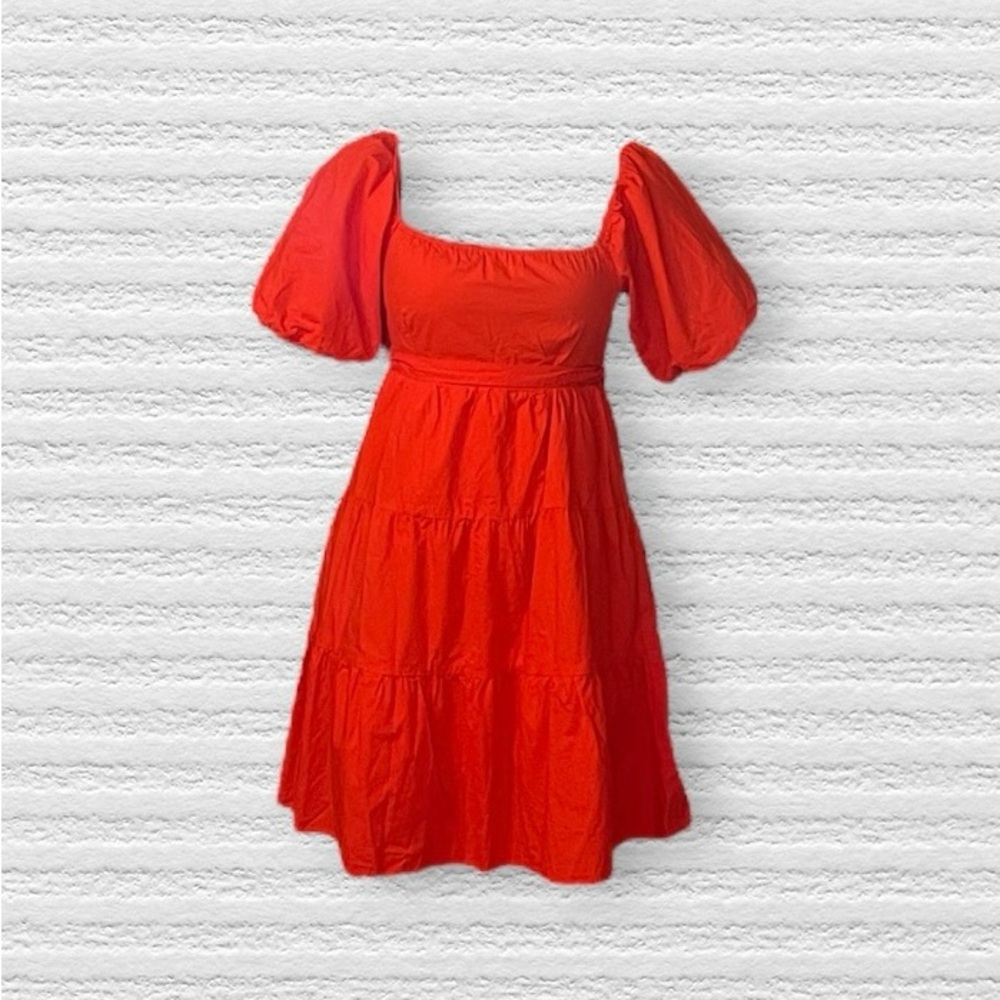 Sim & Sam Orange Puff Sleeve Statement Sleeve Belted Tiered Orange Dress